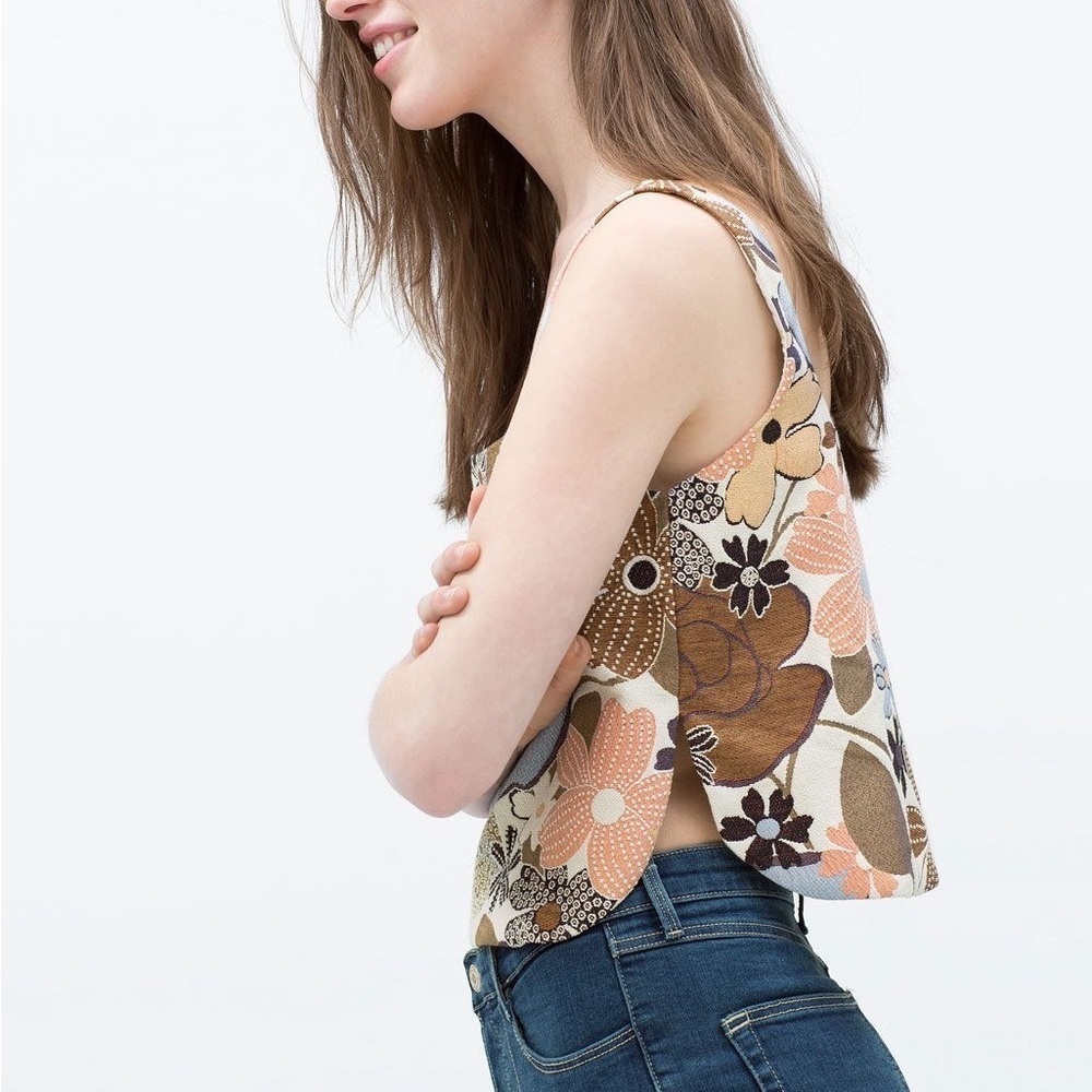ZARA TRAFALUC Metallic Threaded Floral Jacquard Crop Tank
